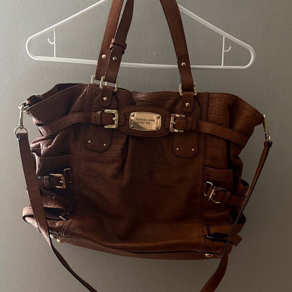 Michael Kors Brown Croc-Embossed Bag with Gold Accents